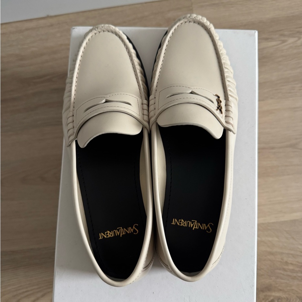 Saint Laurent Cream Leather Penny Loafers - Women's Flats - Picture 3 of 6